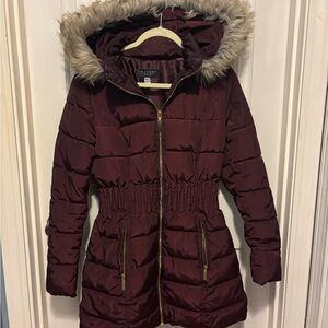 Laundry Women's Burgundy Puffer Coat with Faux Fur Hood